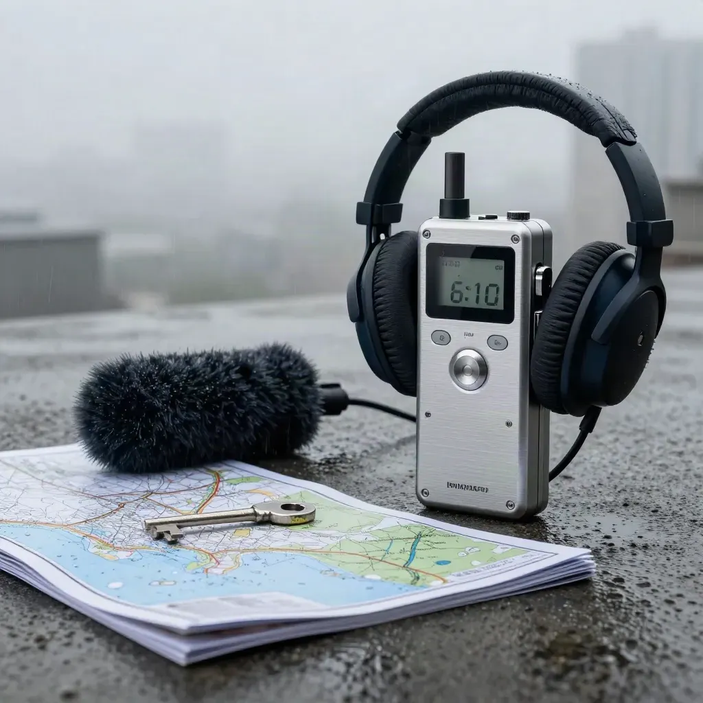 Rainy dawn field recorder with headphones and maps on concrete, city blurred behind