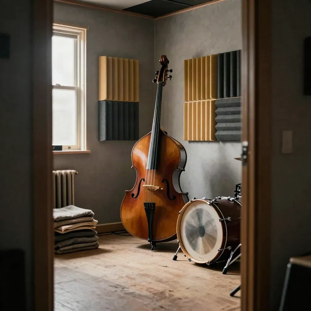 Warm rehearsal room with bass traps, subwoofer, kick case, and blankets after a bass check.