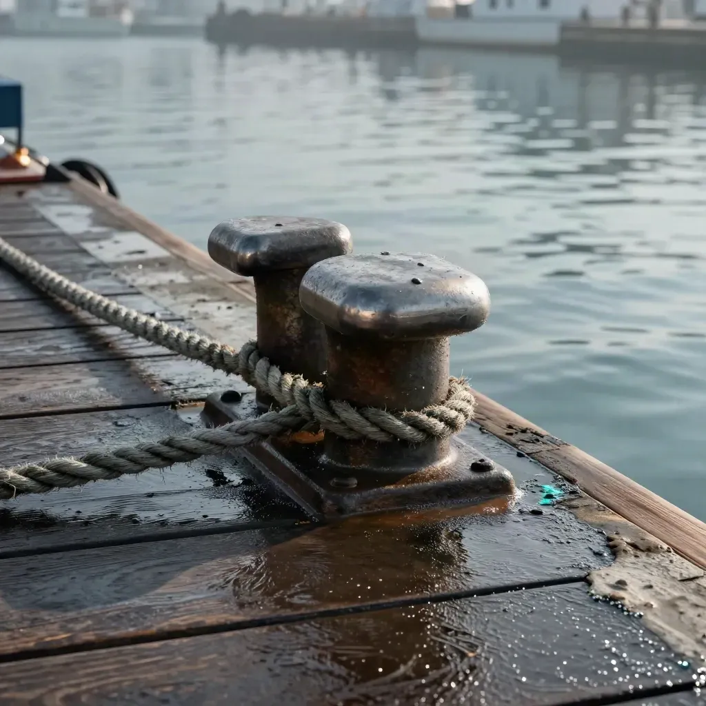 Bristol harbour bollards and rope beside rippled water, lit with misty teal reflections.