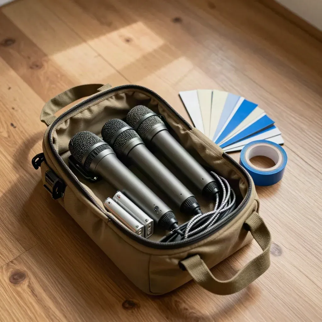 Open game-audio field bag with recorder, microphones, batteries and cables on a sunlit oak floor.