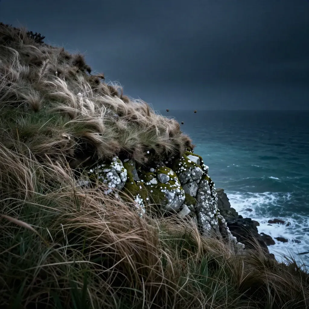 Cornwall cliff grass bent by wind with sea spray and chalky stones above the Atlantic.