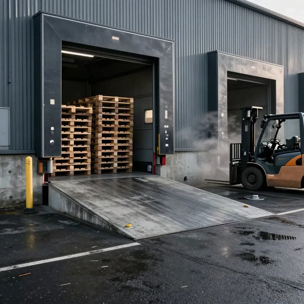 Leeds loading bay ramp with lifting shutter, pallets, forklift tail, and cold concrete haze.